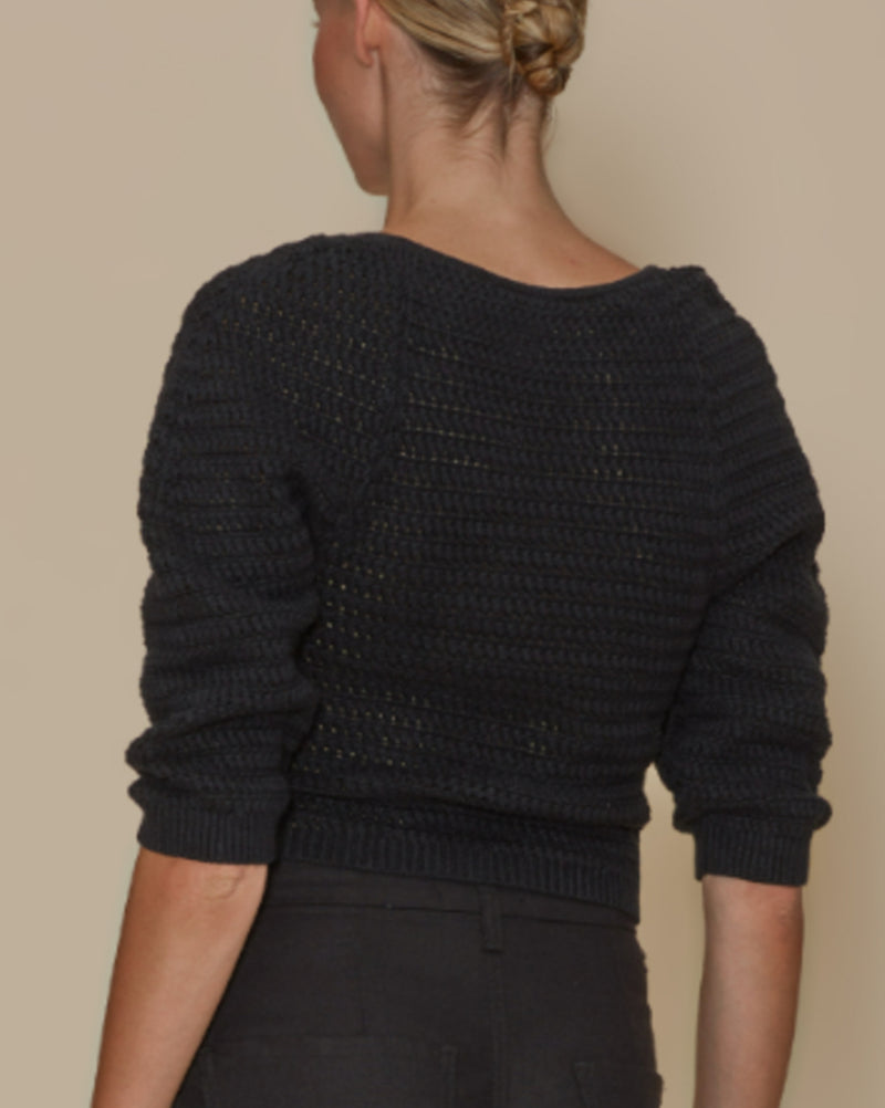 LE JEAN Linen Crochet Top - Black