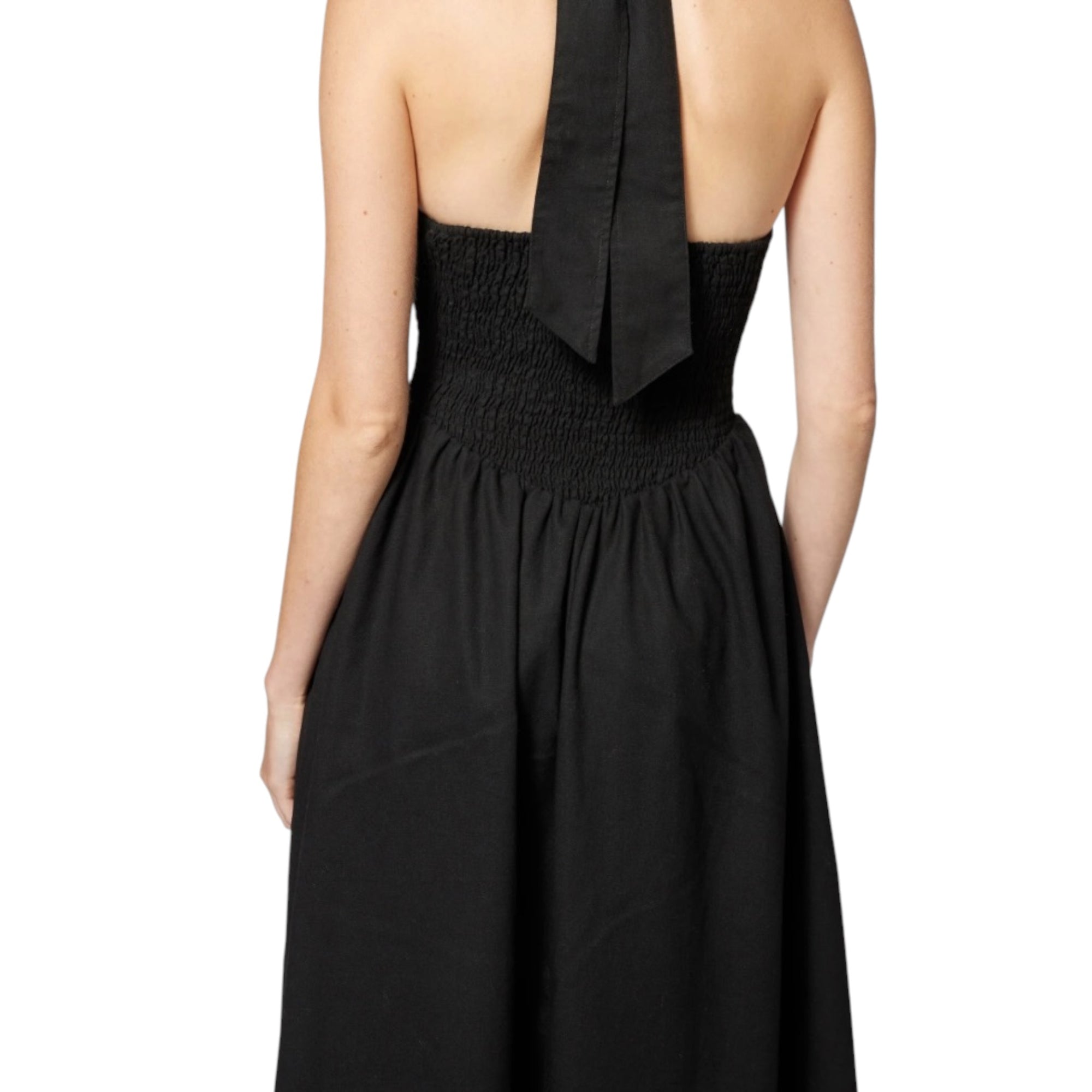 Amanda Maria Linen Cotton Smocked Halter Dress - Black