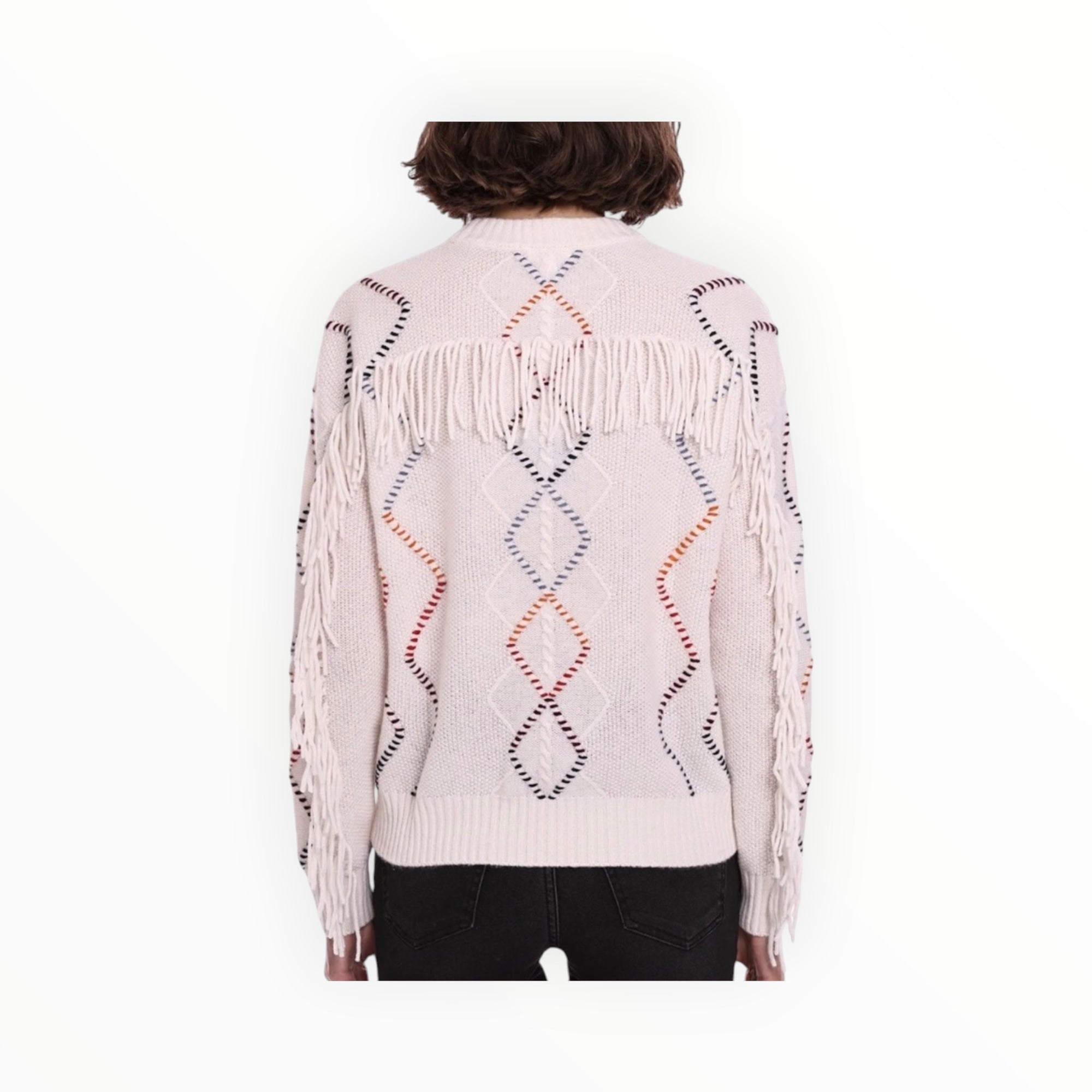 Minnie Rose Cable Corded Fringe Pullover - White Combo