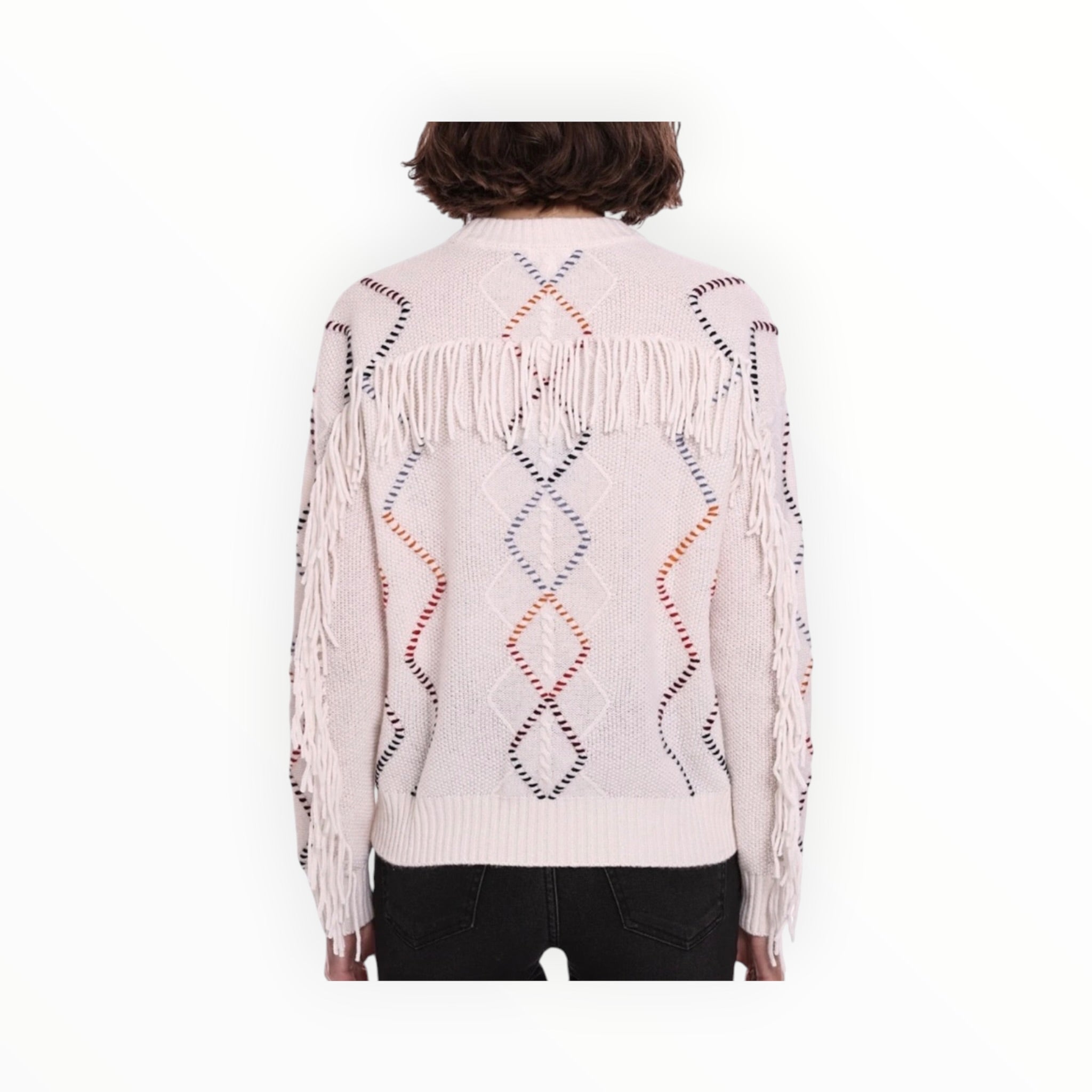 Minnie Rose Cable Corded Fringe Pullover - White Combo