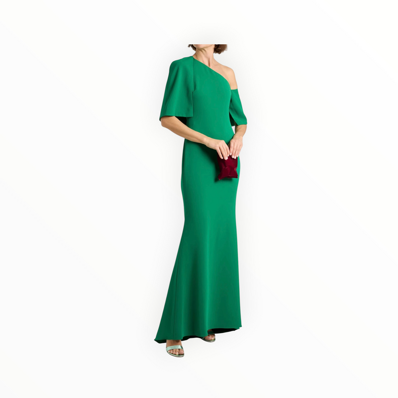 Badgley Mischka Stretch-Crepe Cape Gown - Green