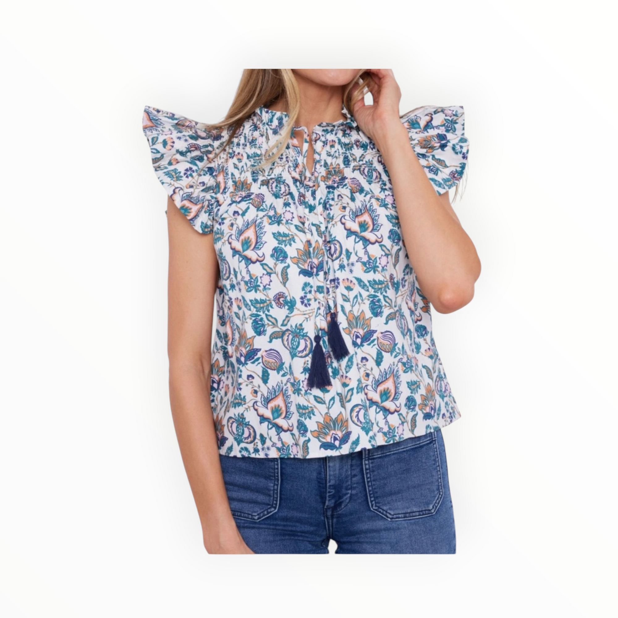 Sail to Sable French Floral Flutter Sleeve Top with Tassels