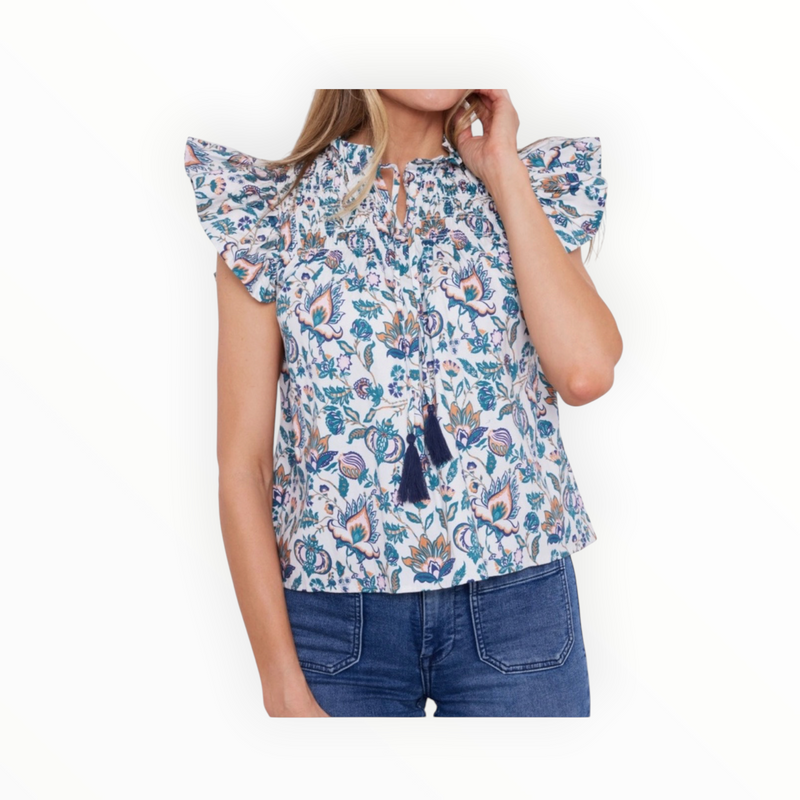 Sail to Sable French Floral Flutter Sleeve Top with Tassels