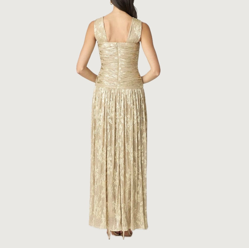 Shoshanna Midnight Gold Foil Pleated Chiffon Lora Dress