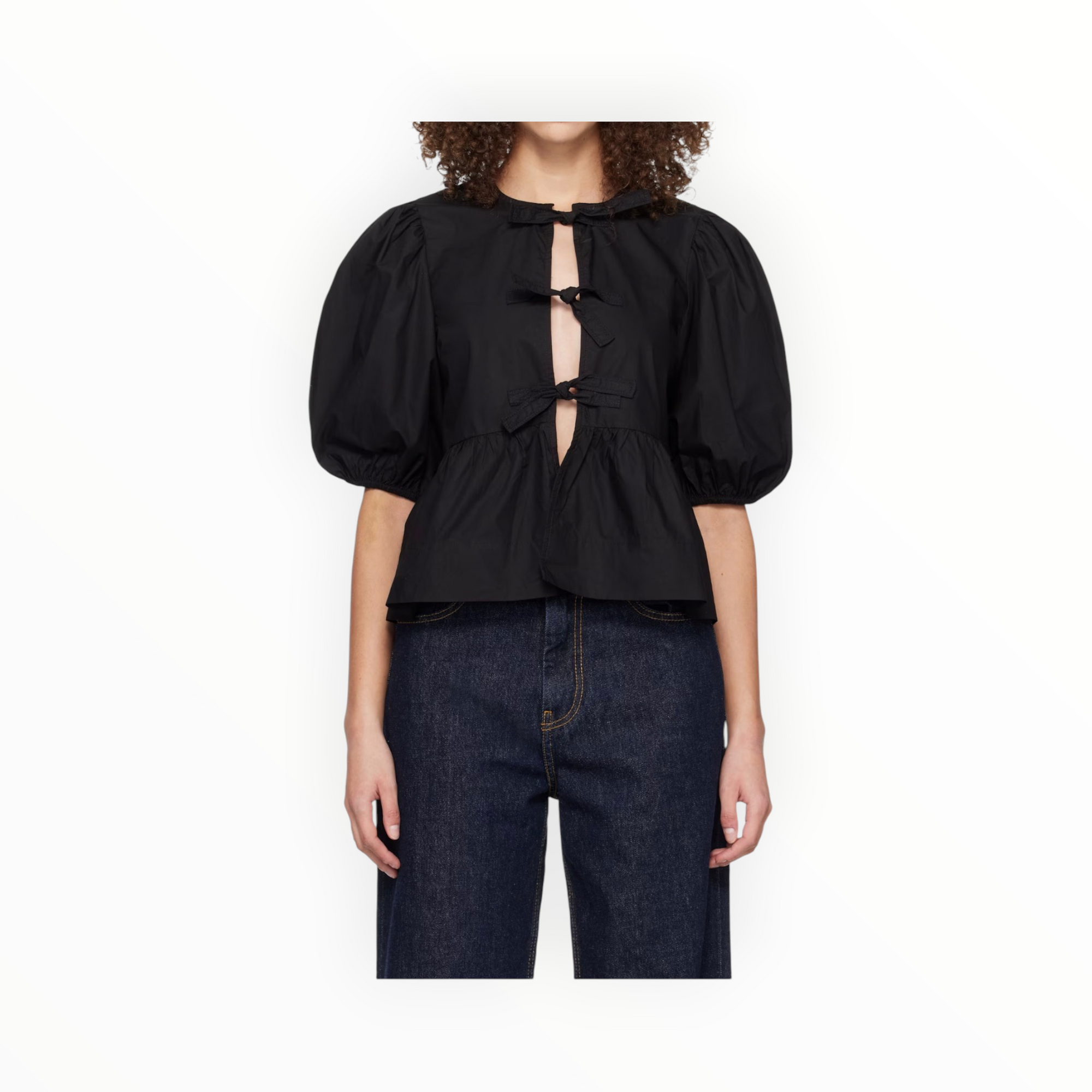 GANNI Cotton Poplin Peplum Tie Blouse - Black