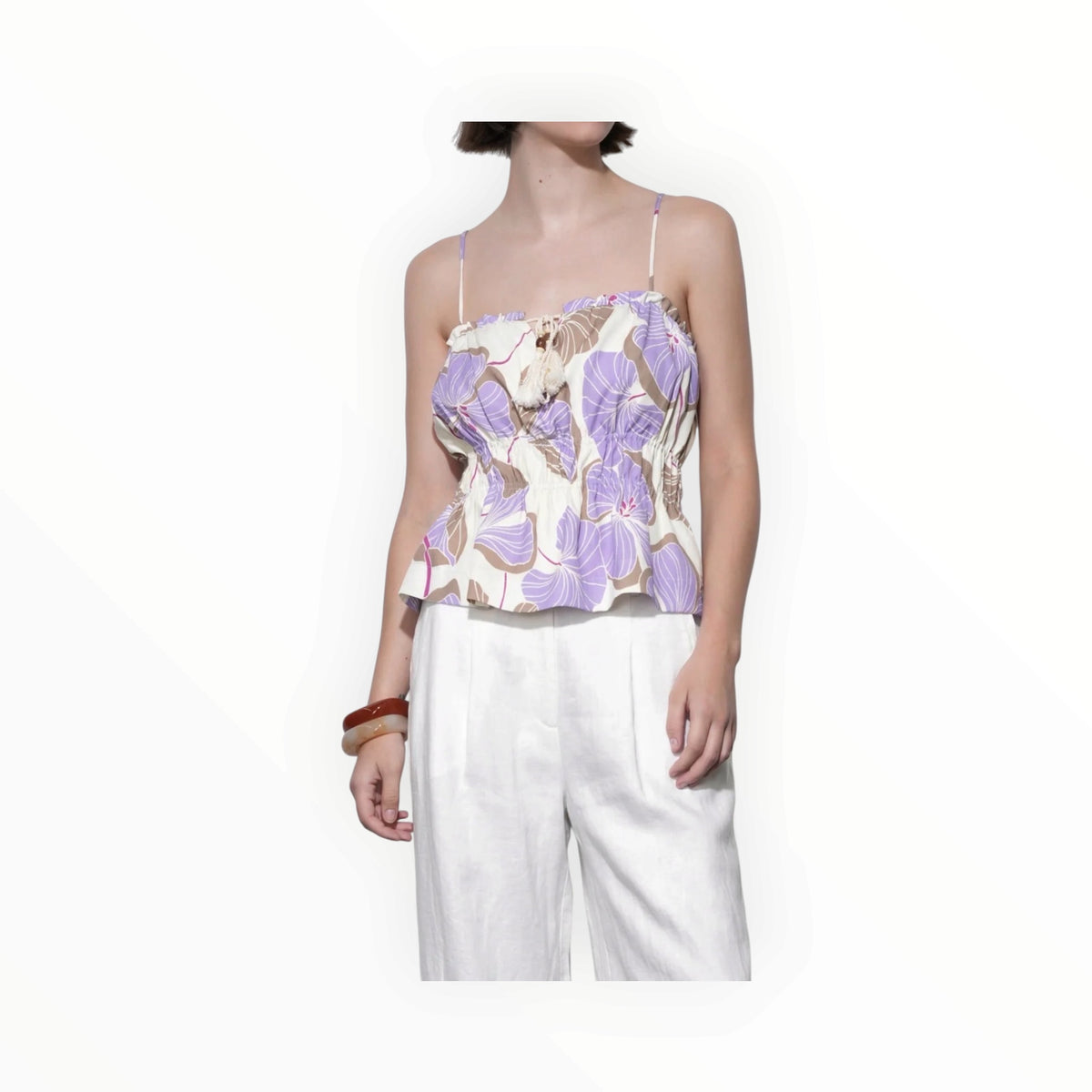 Greylin Iris Tie Front Elastic Waist Tank - Cream/Lilac