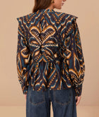 Farm Rio Blue Pineapple Ikat Long Sleeve Matelasse Blouse