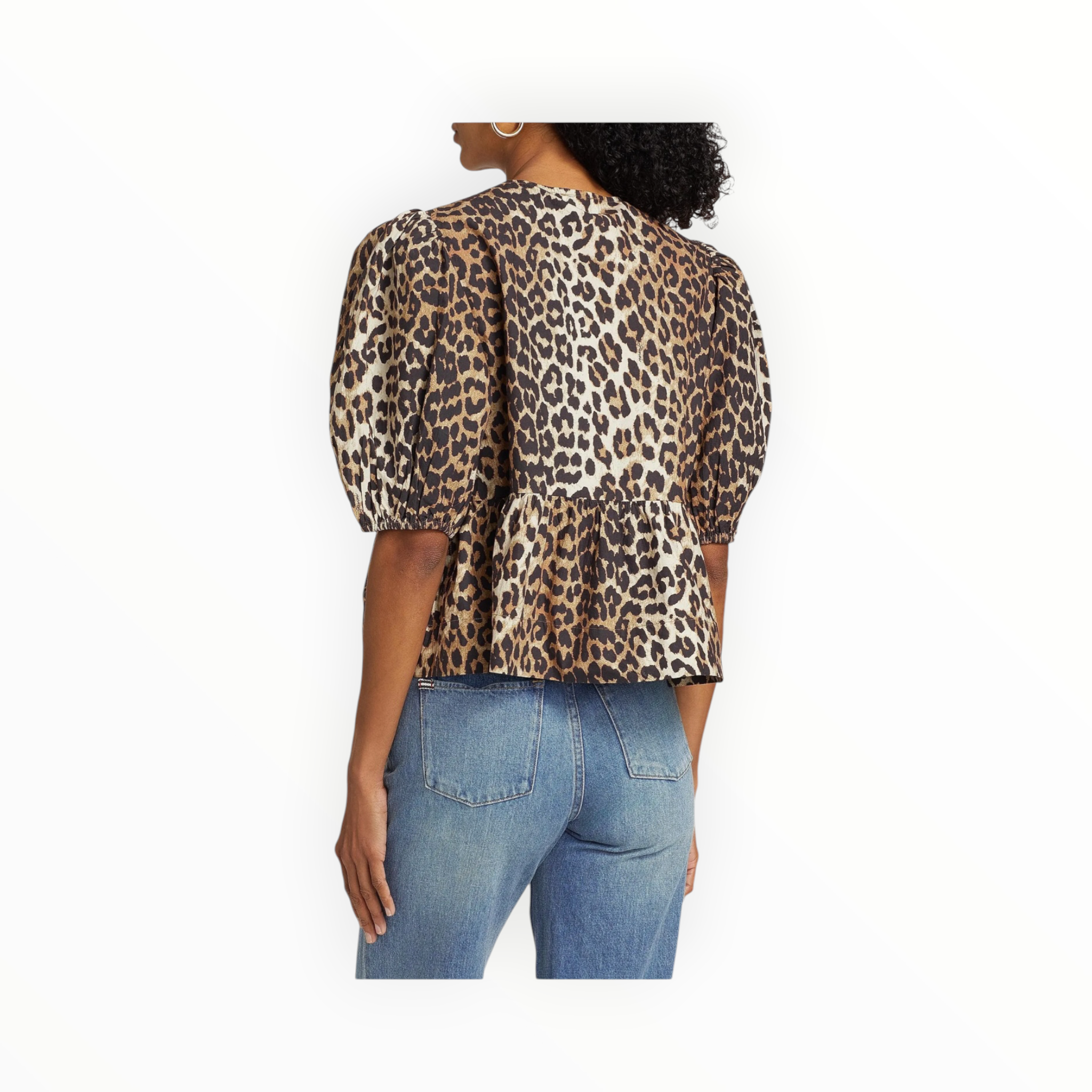 GANNI Cotton Poplin Peplum Tie Blouse - Leopard