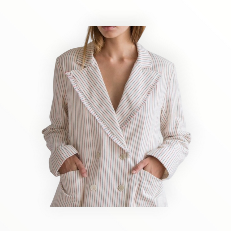 Raquel Allegra Cotton Tickling Stripe Double Breasted Blazer