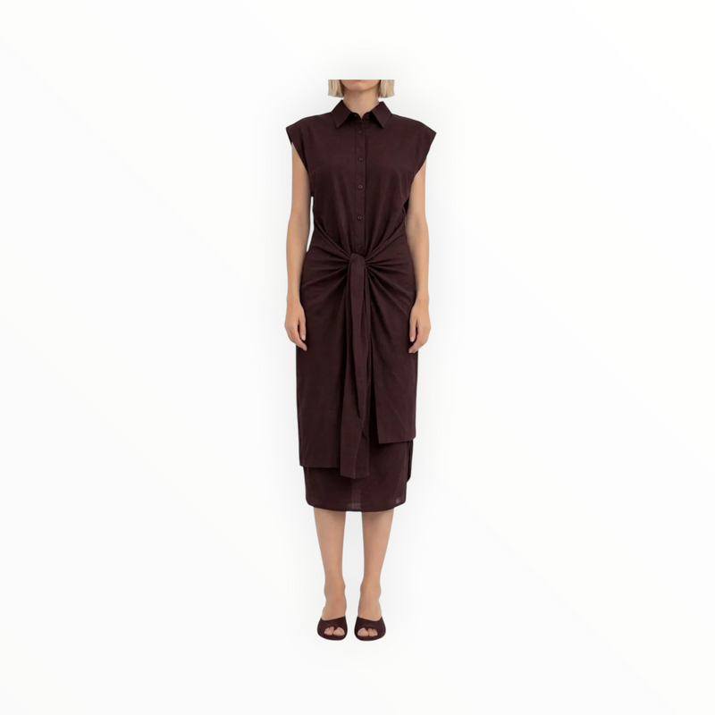 TELA Piramide Sleeveless Shirt Dress W/Front Knot - Plum
