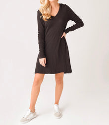 ATM Slub Jersey Long Sleeve V-Neck Dress - Black