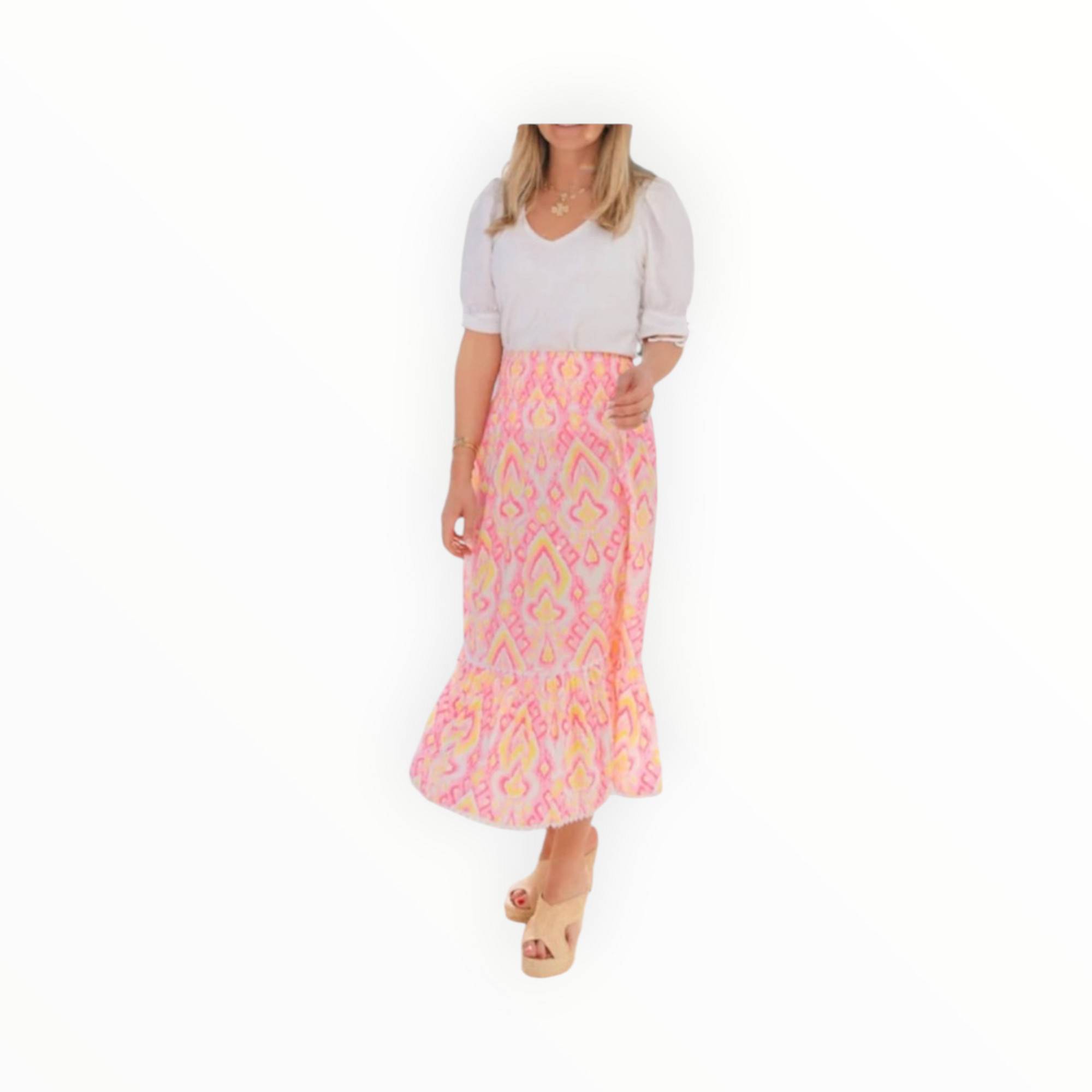 Sail To Sable Pink Ikat Print Smocked Waist Midi Skirt