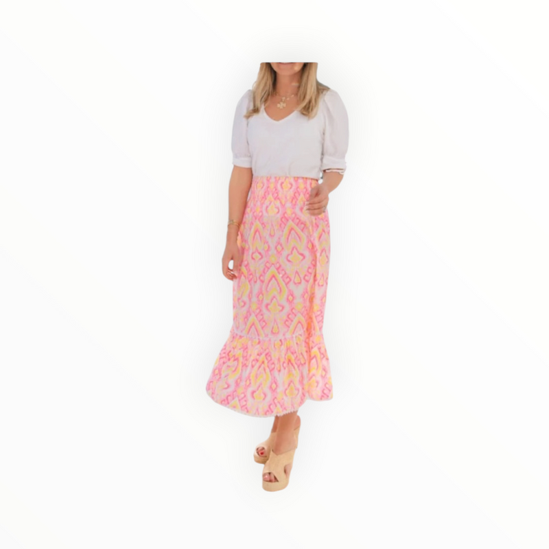 Sail To Sable Pink Ikat Print Smocked Waist Midi Skirt