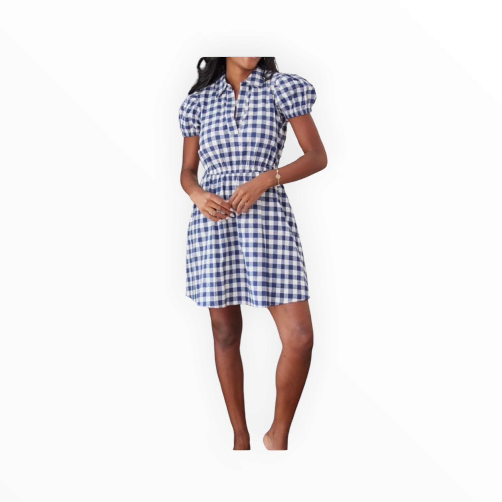 Sail to Sable Gingham Puff Sleeve Shirt Dress - Navy/Winter White