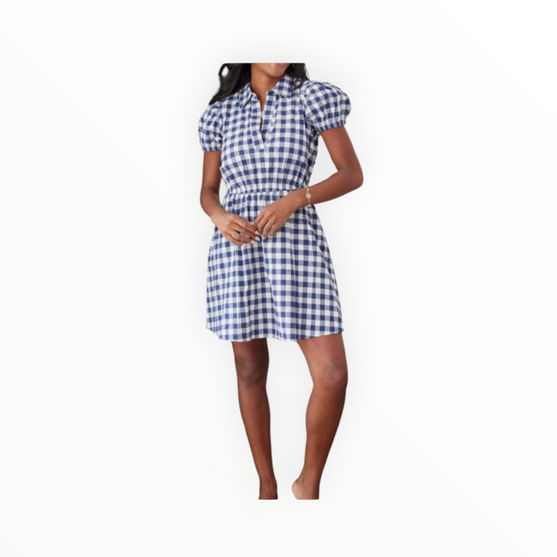 Sail to Sable Gingham Puff Sleeve Shirt Dress - Navy/Winter White