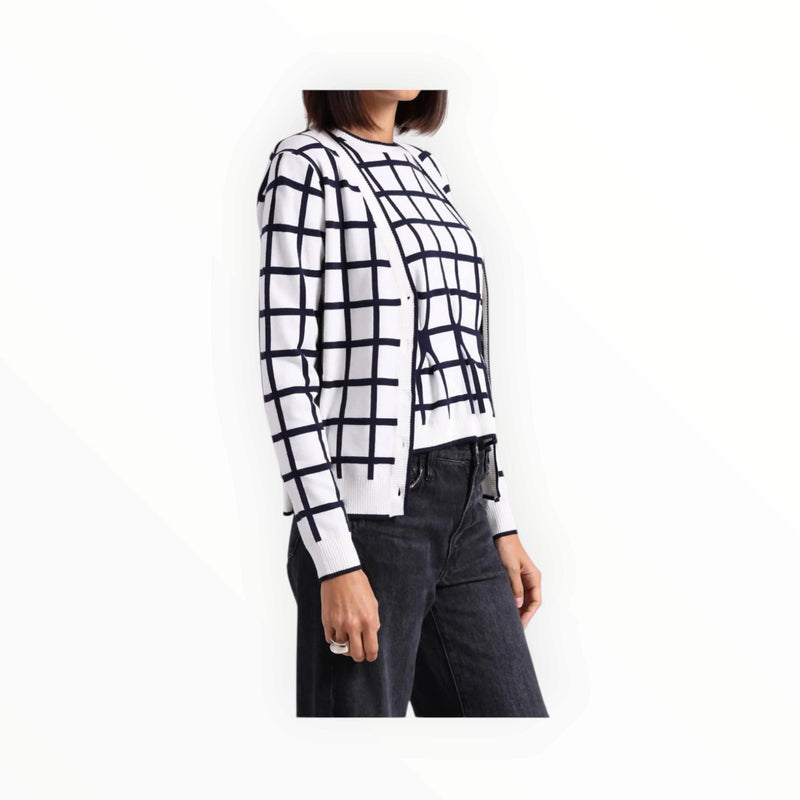 Minnie Rose Windowpane V-Neck Cardigan - White/Navy