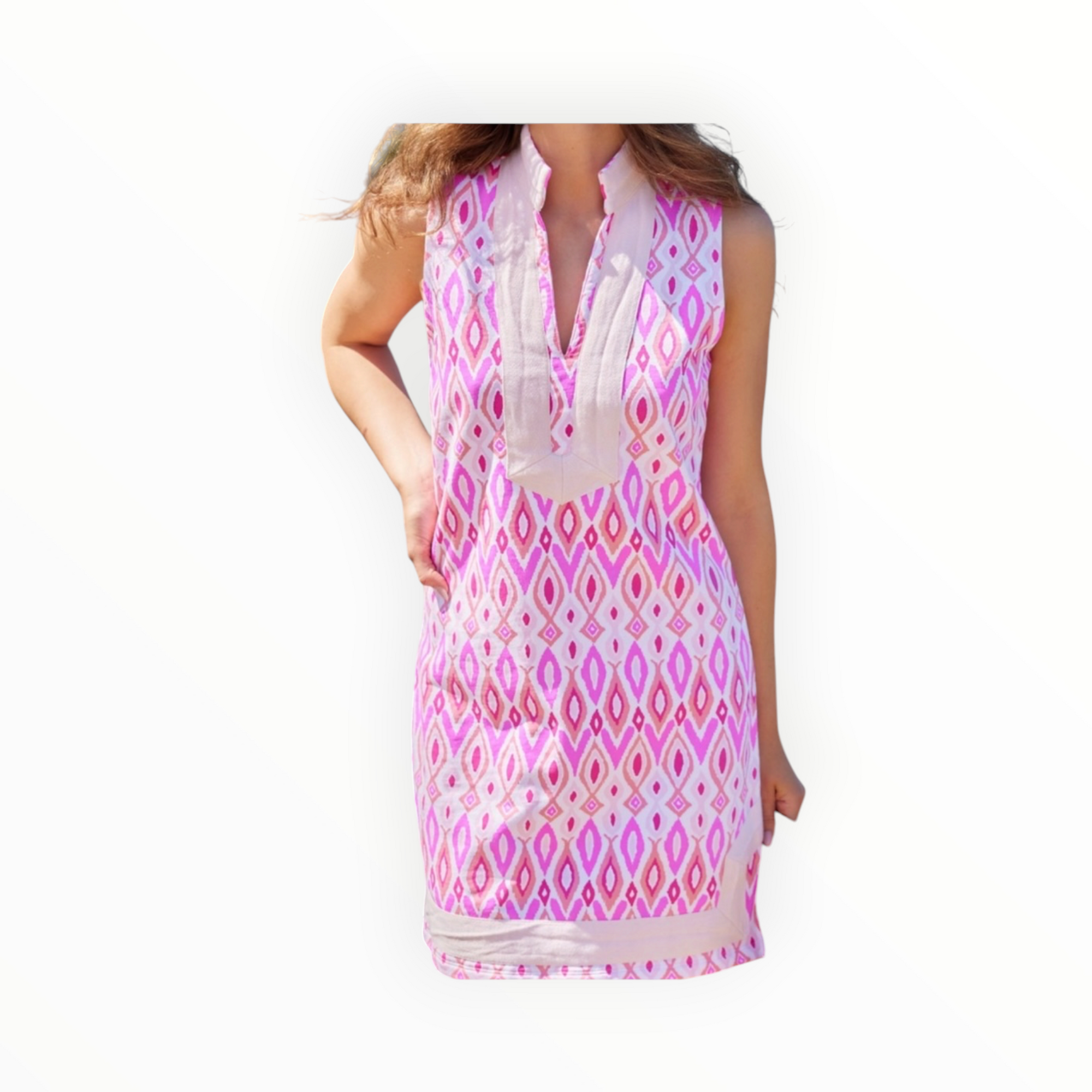 Sail To Sable Pink Ikat French Terry Sleeveless Classic Tunic
