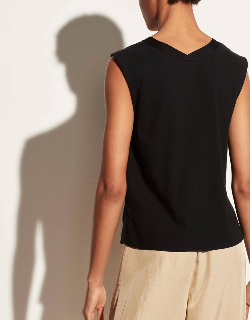 Vince Rib Trim Double V-Neck Shell - Black