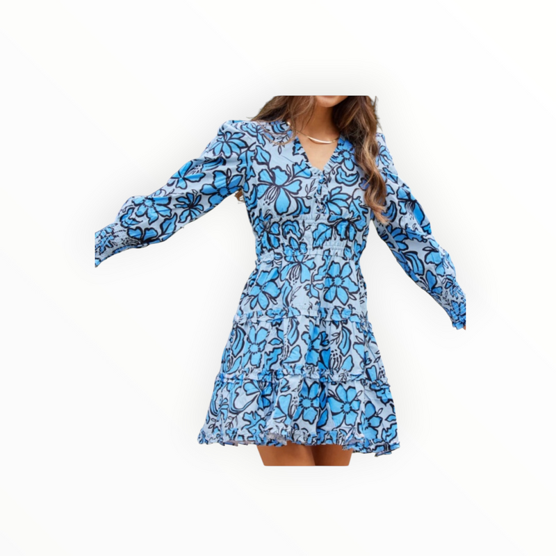 Sail to Sable Fall Floral Long Sleeve Smocked Waist Dress - Omphalodes/Blue