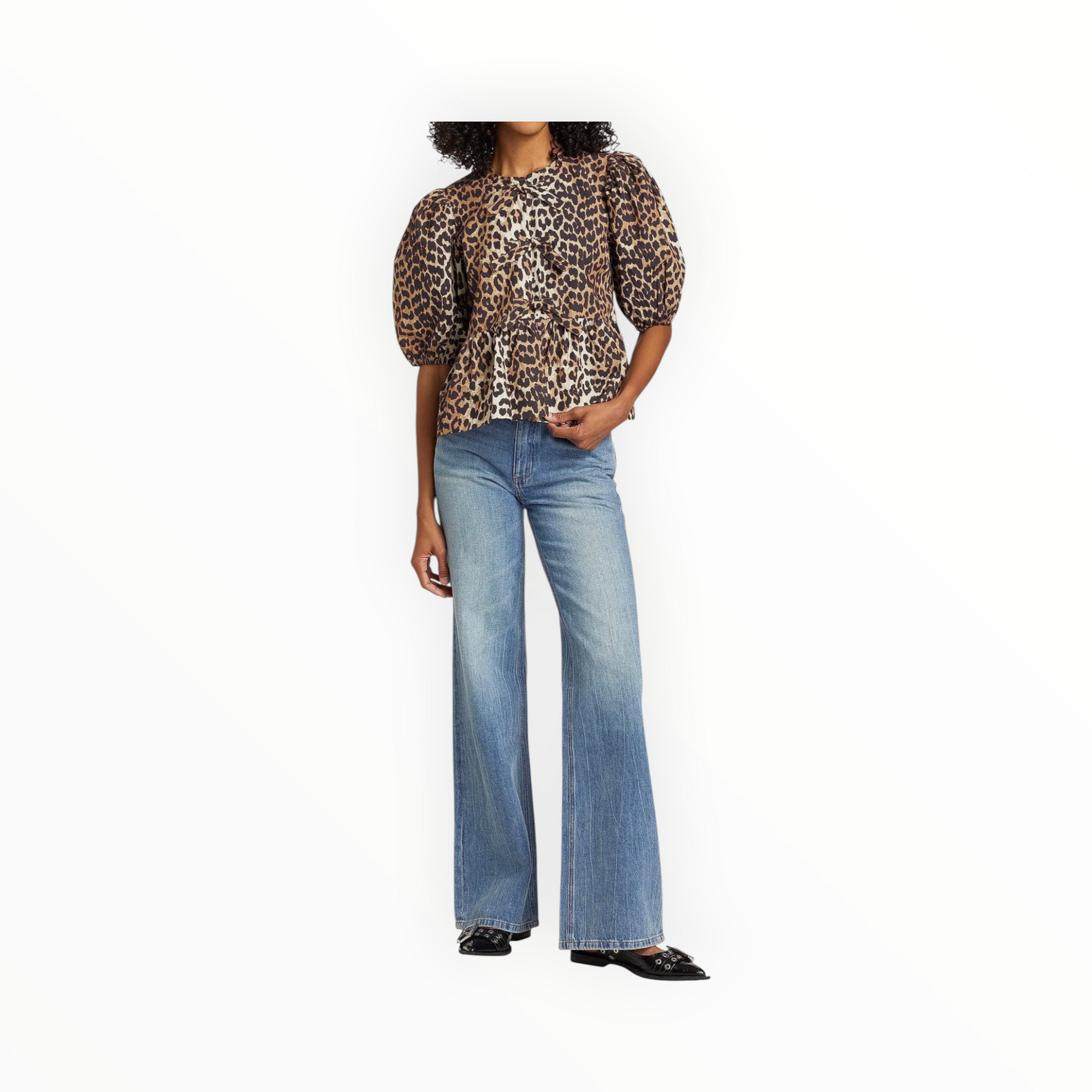 GANNI Cotton Poplin Peplum Tie Blouse - Leopard