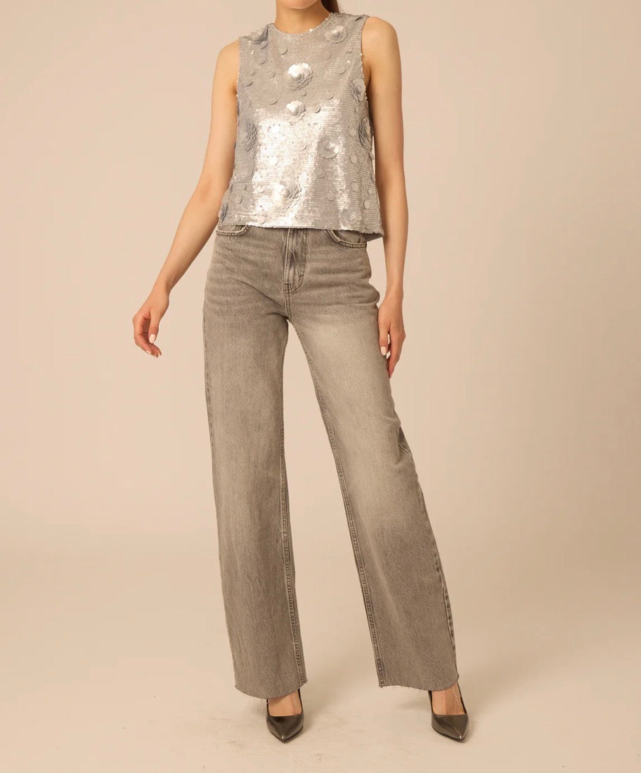 Gilner Farrar Piper Top - Silver Sequins Flowers