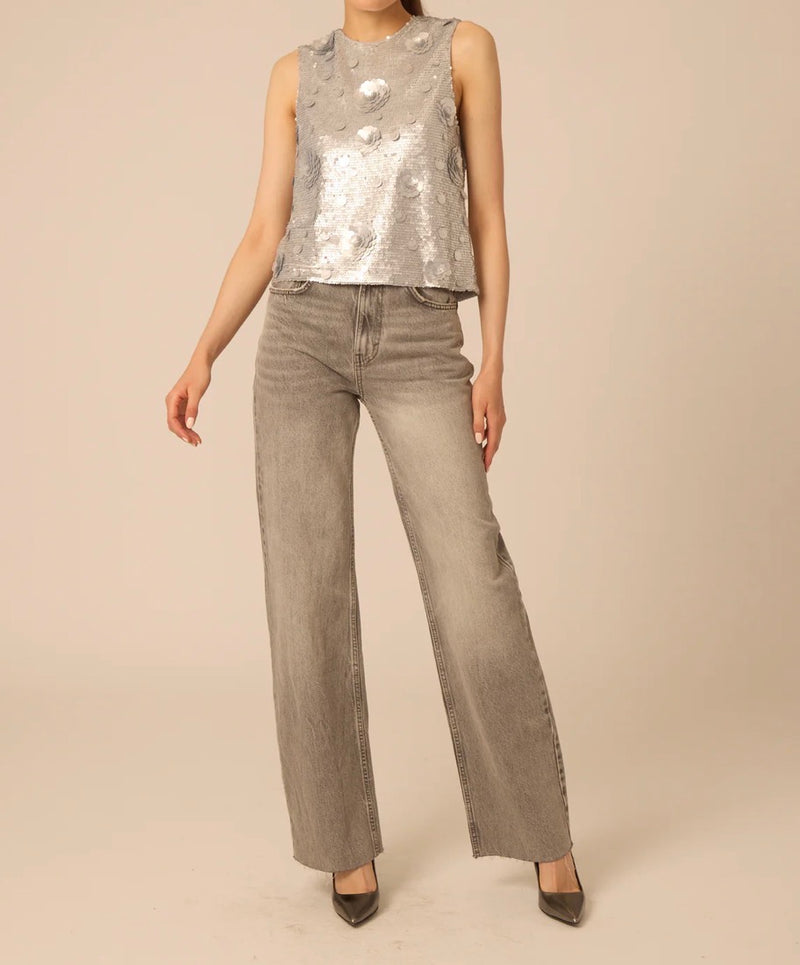 Gilner Farrar Piper Top - Silver Sequins Flowers