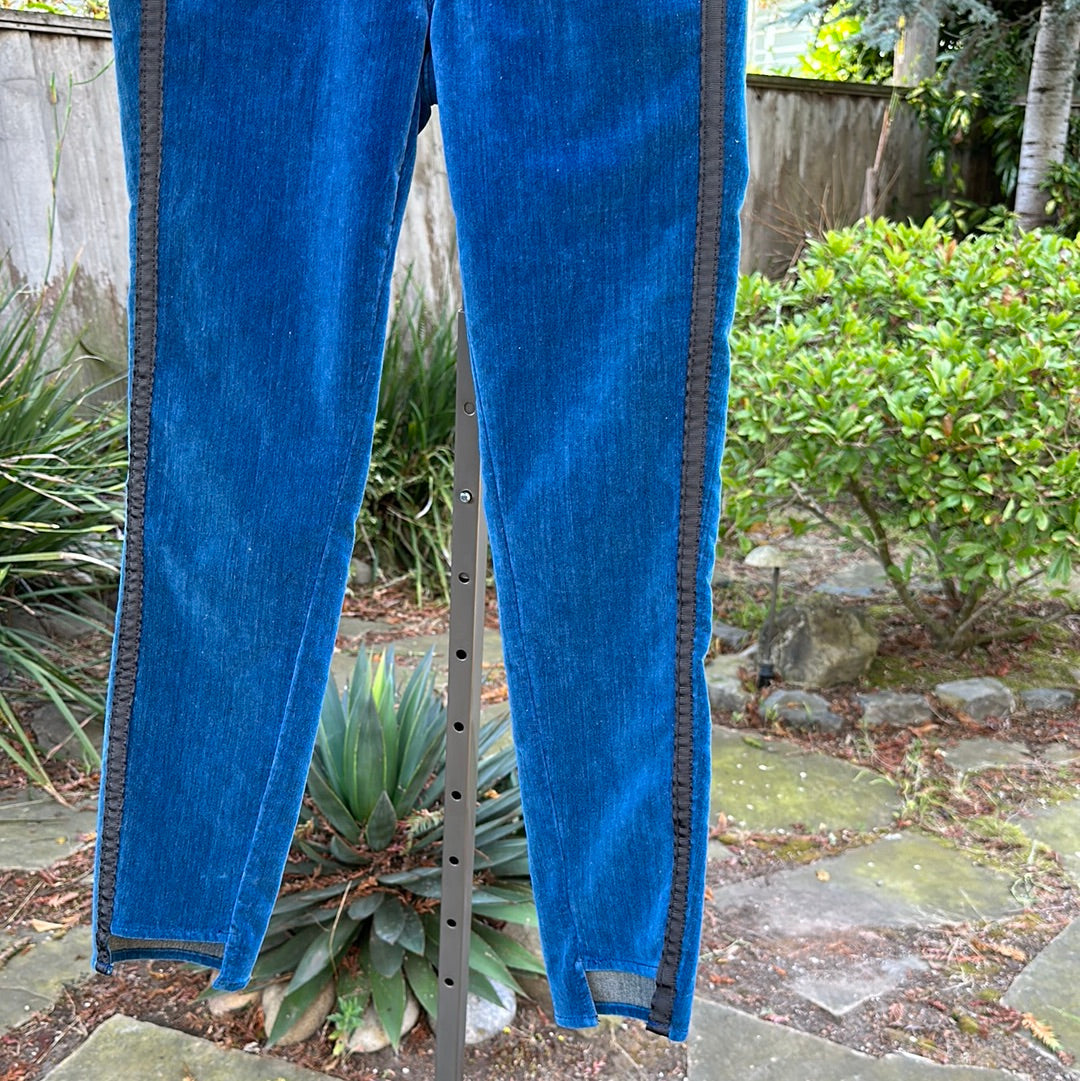 Parker Smith Blue Twisted Tuxedo Velvet Step-Hem Jeans W/ Black Side Stripes