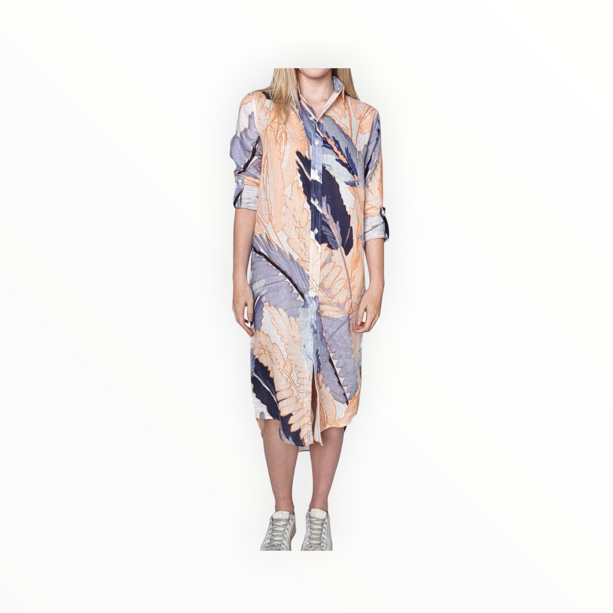 Emily Phillips Peach/Blue Leaf Linen Girlfriend Midi Dress