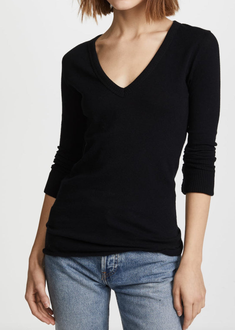 Enza Costa First Layered Cuff V Neck Sweater - Black
