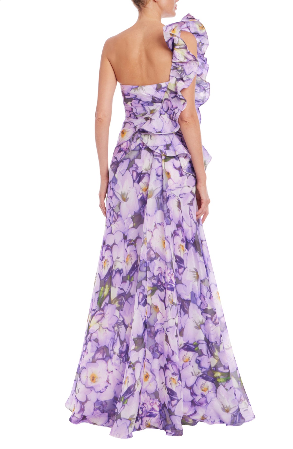 Badgley Mischka Ruffle One Shoulder Floral Gown - Lilac Multi