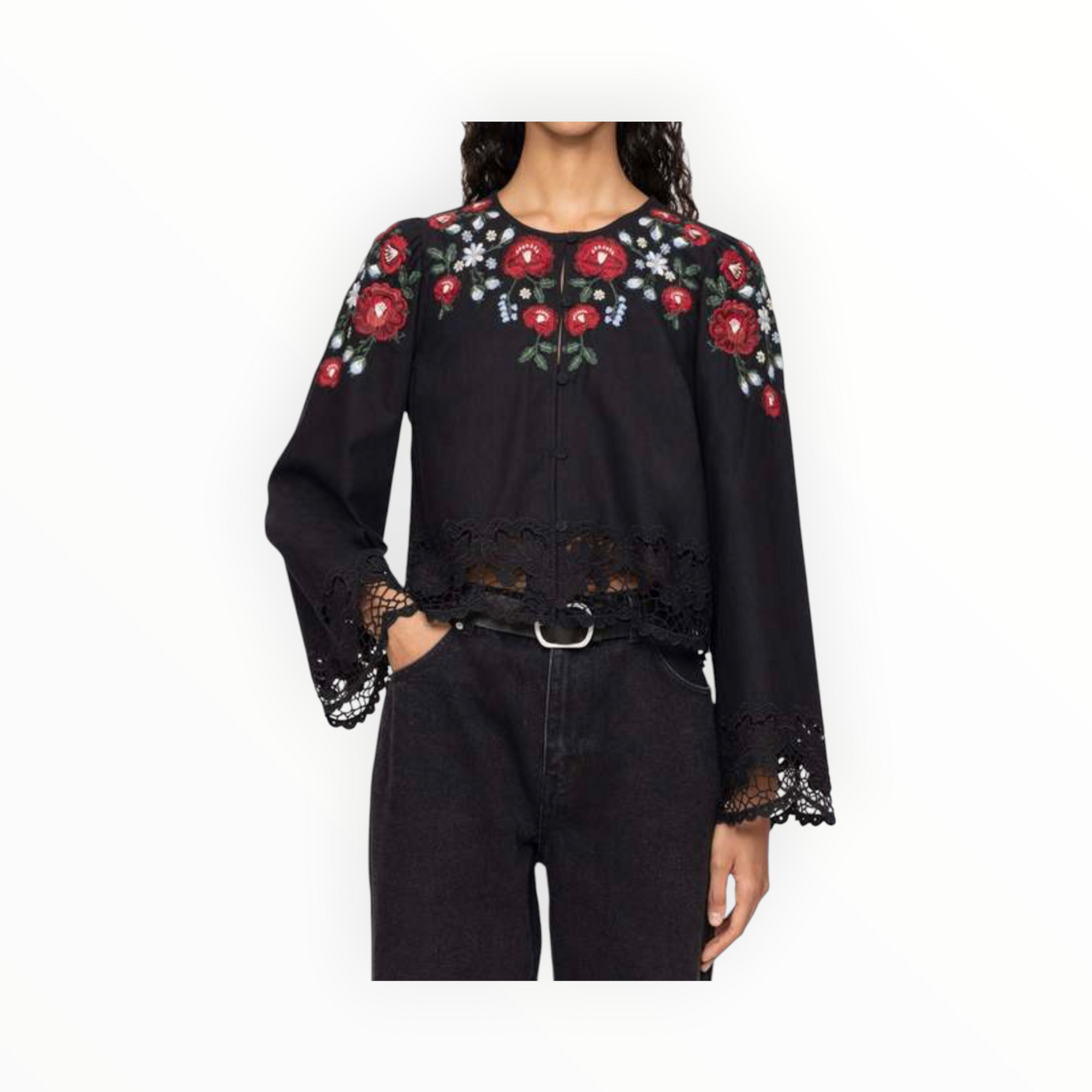 Sea New York Rosaline Embroidery Long Sleeve Top - Black
