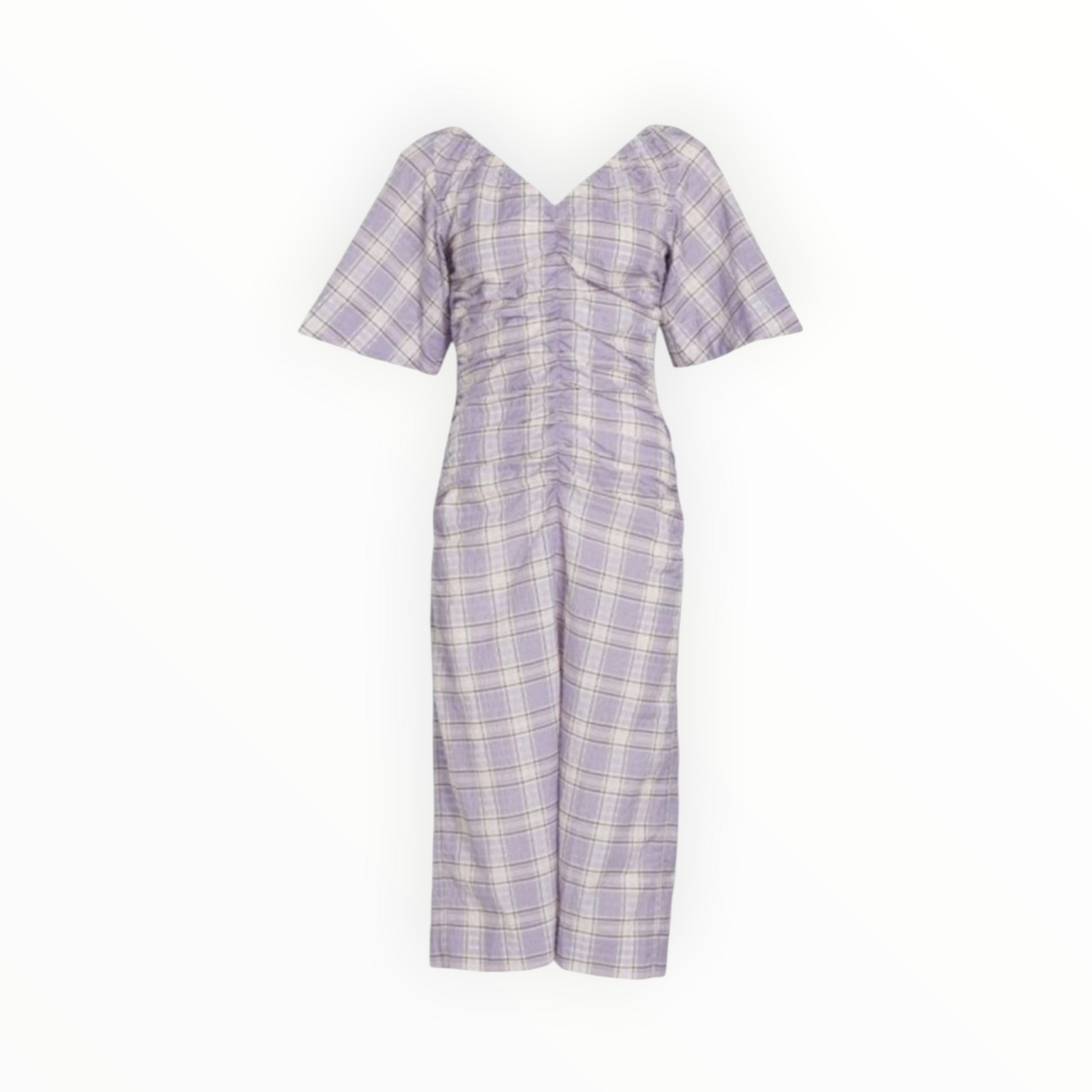 GANNI Seersucker Check V-Neck Midi-Dress - Persian Violet