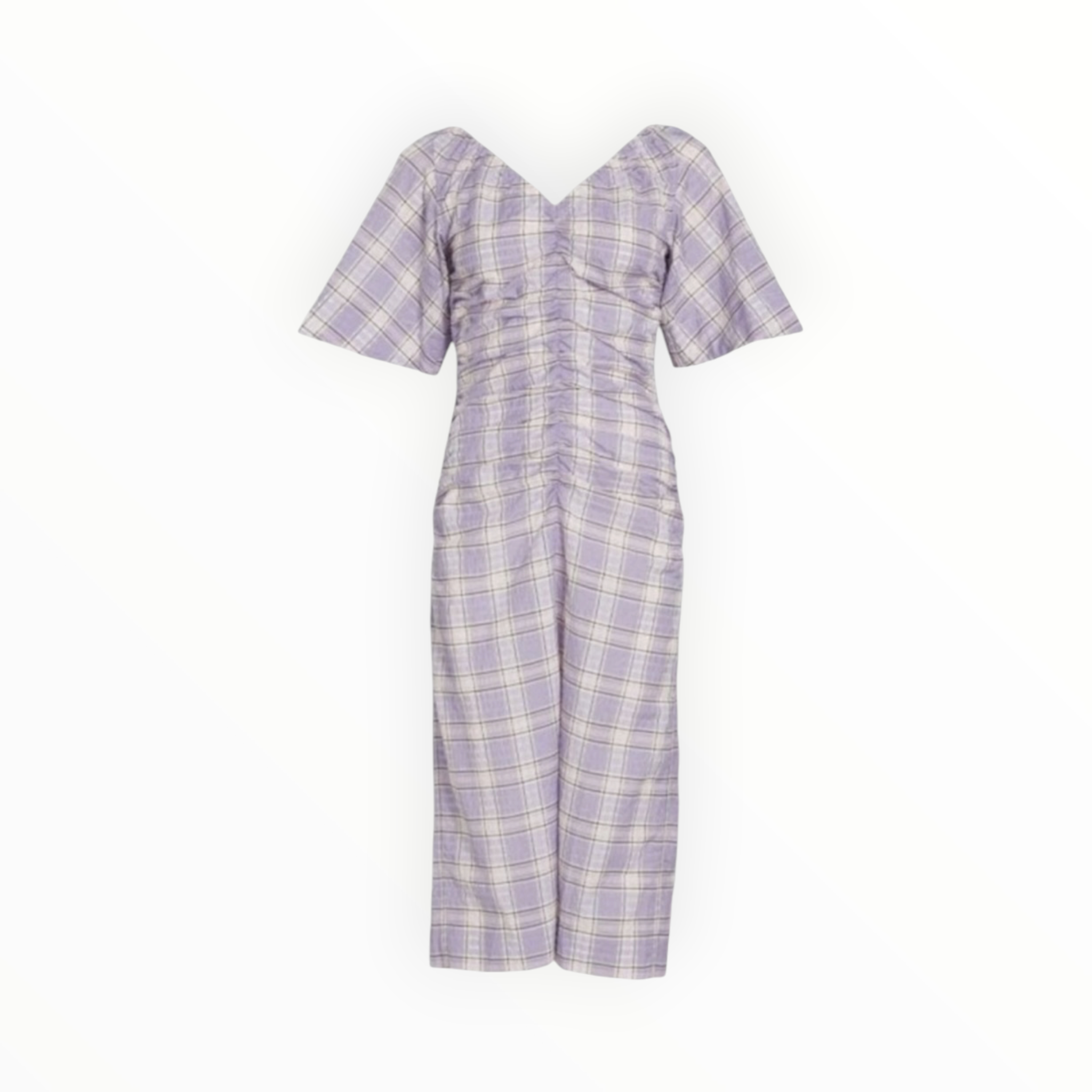 GANNI Seersucker Check V-Neck Midi-Dress - Persian Violet