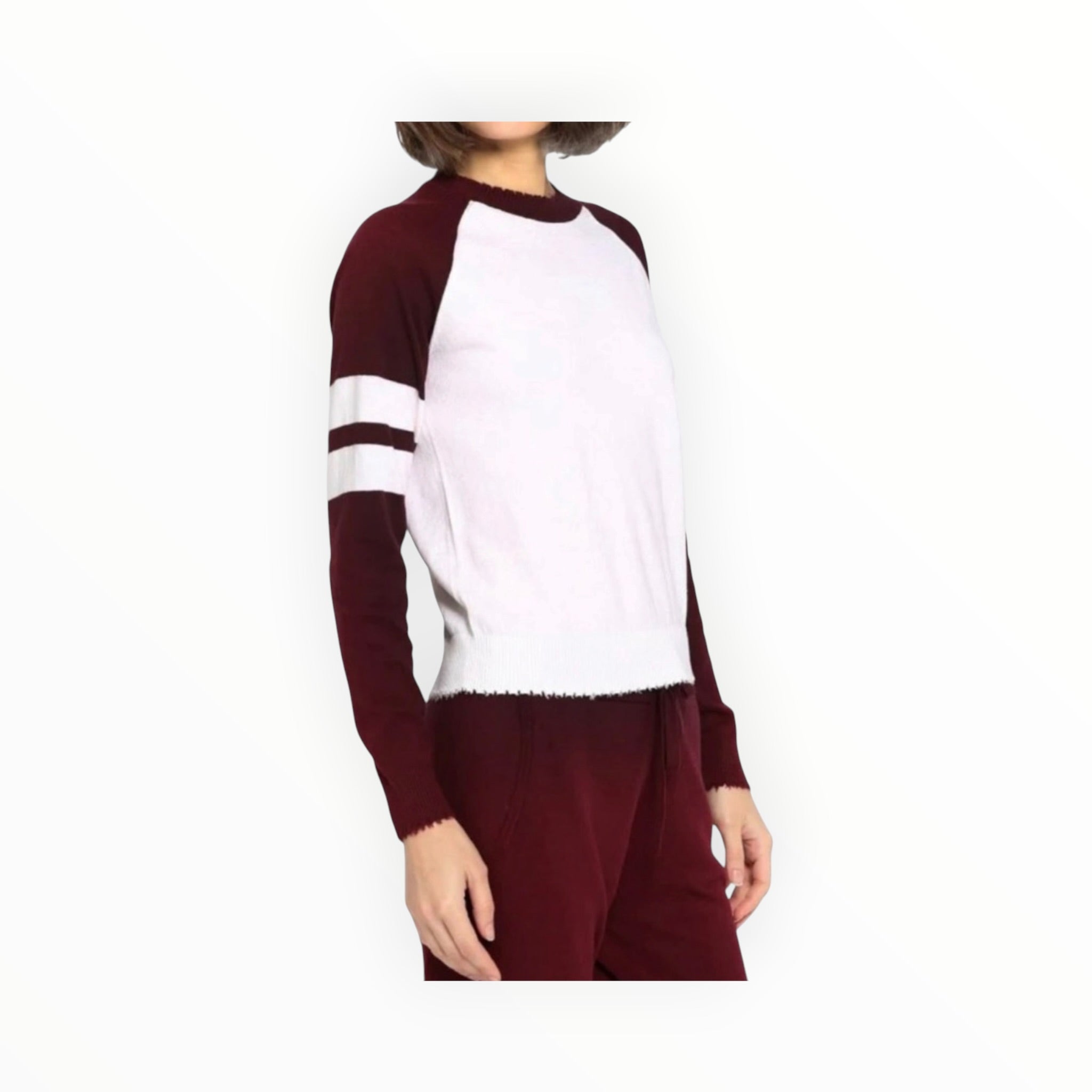 Minnie Rose Cashmere Frayed Crew With Arm Stripe