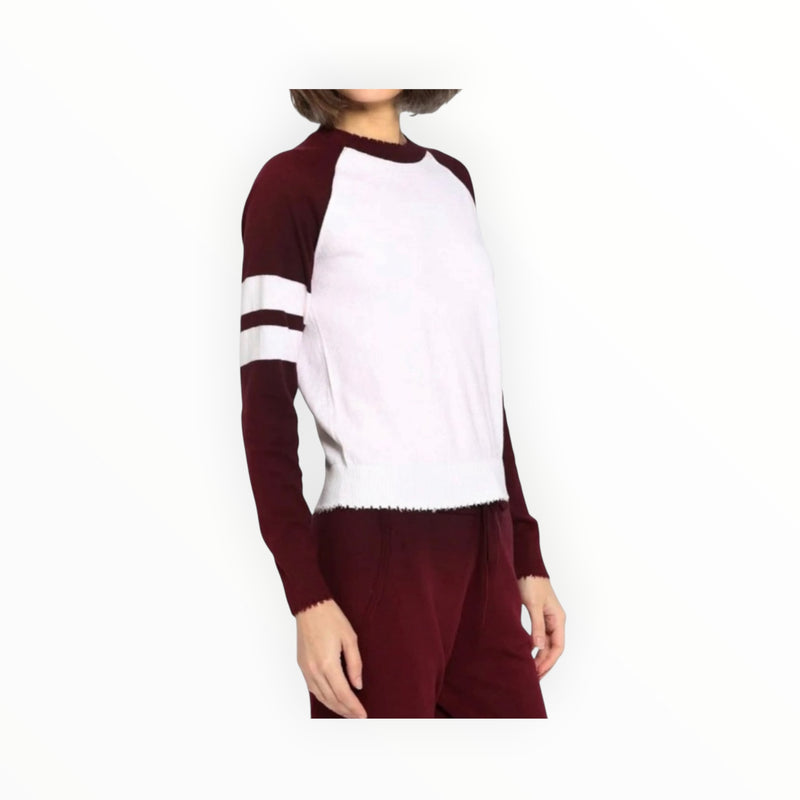 Minnie Rose Cashmere Frayed Crew With Arm Stripe