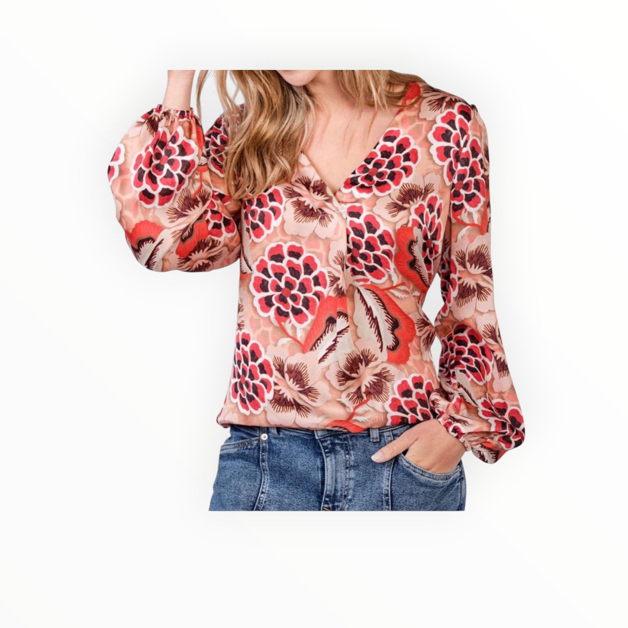 Summum V-Neck Bold Flower Top - Pink Floral