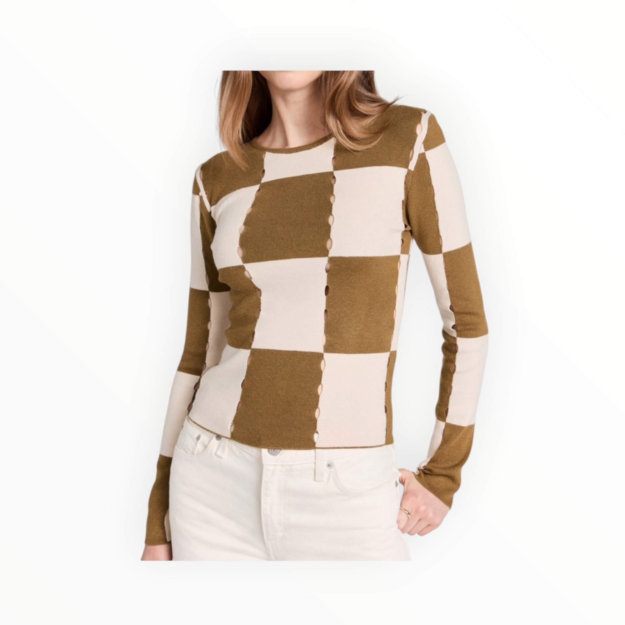 Moon River Checkerboard Sweater Top - Olive