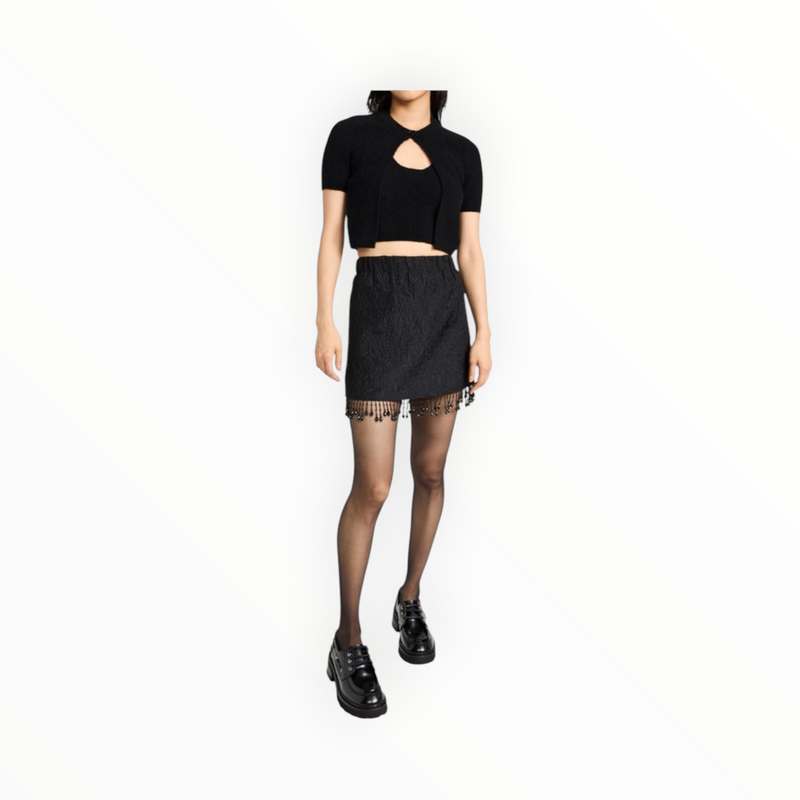 GANNI Jacquard Organza Bead Fringe Skirt - Black