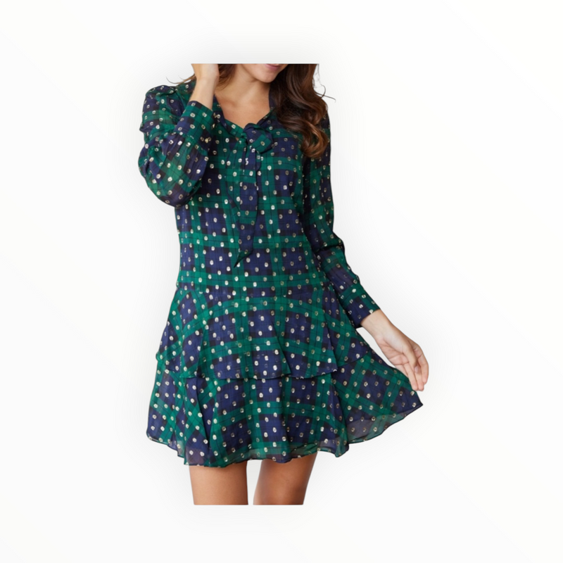 Sail to Sable Lurex Clip Dot Bow Front Dress - Blackwatch Plaid