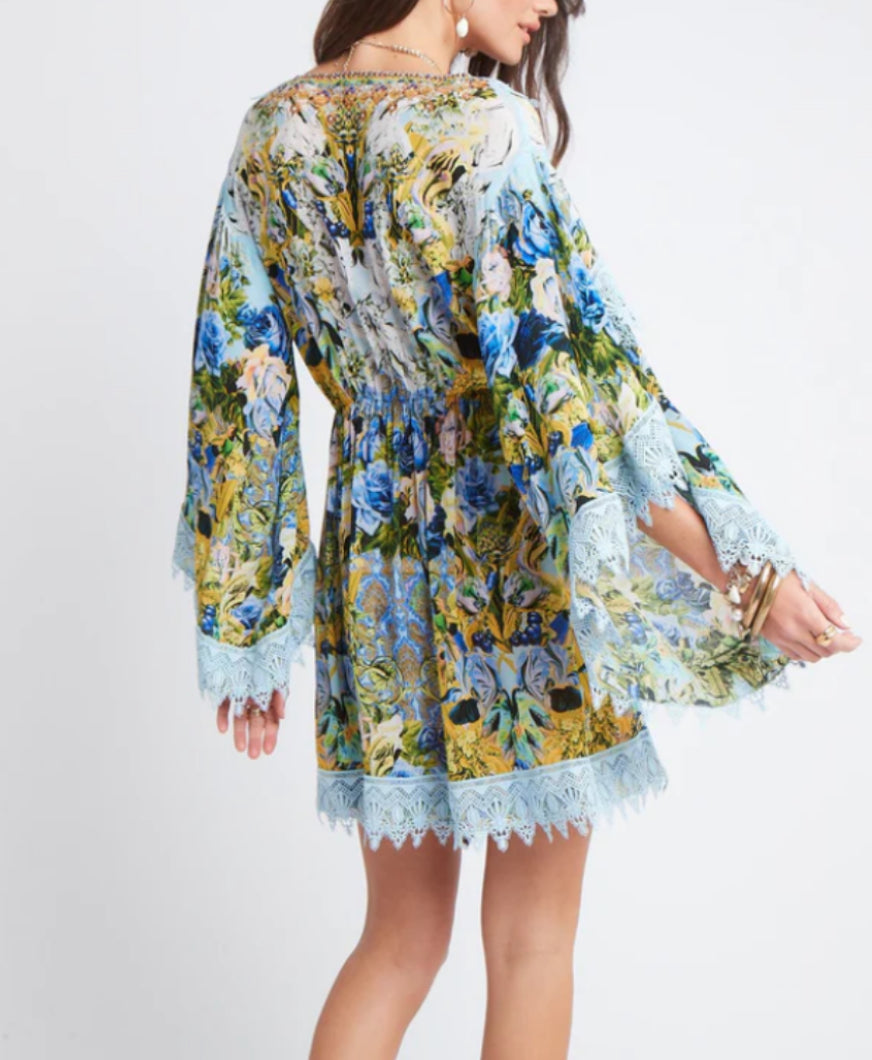 Czarina Summer Blues Short Wrap Dress With Lace