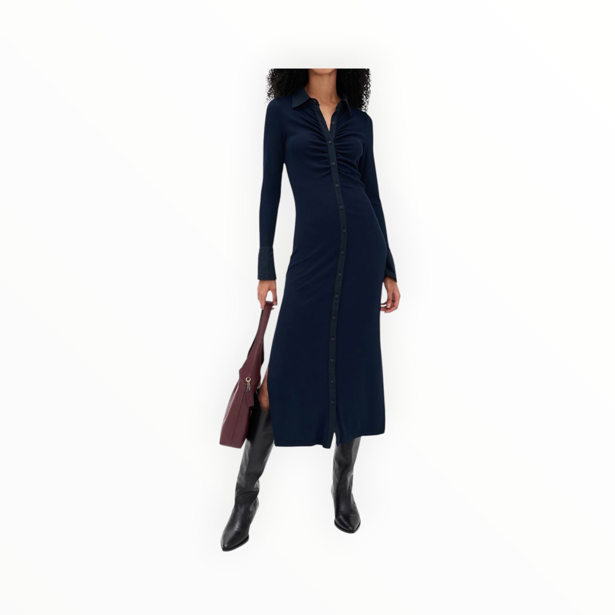 Stateside Fine Rib Ruched Buttoned Dress - Navy