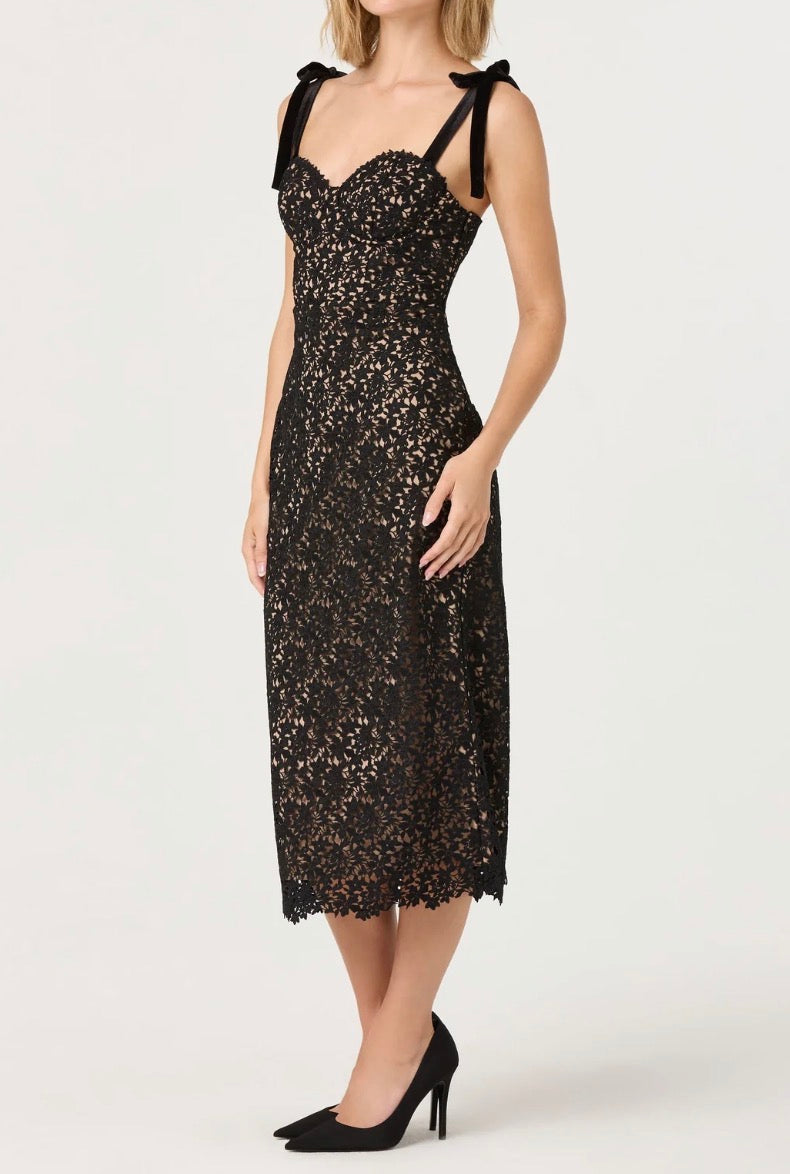 ASTR Donne Floral Lace Midi Dress - Black/Nude