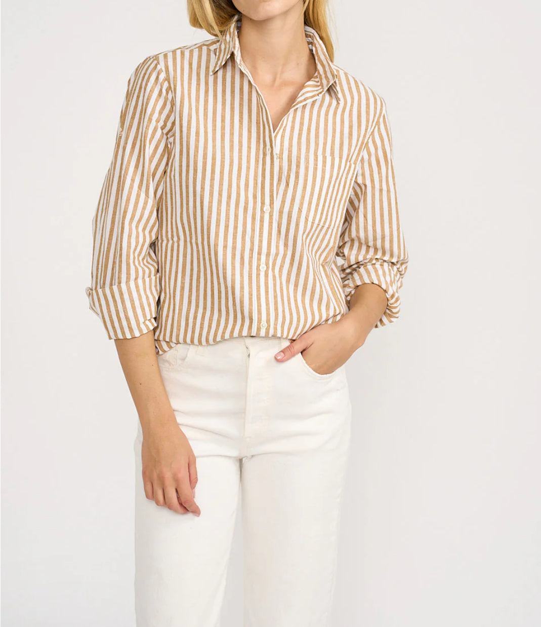 Marea by Liz Joy Favorite Shirt - Tan/White Awning Stripe