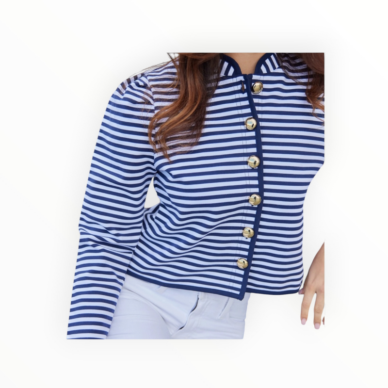 Sail To Sable Striped Button Front Mini Jacket - Navy/White