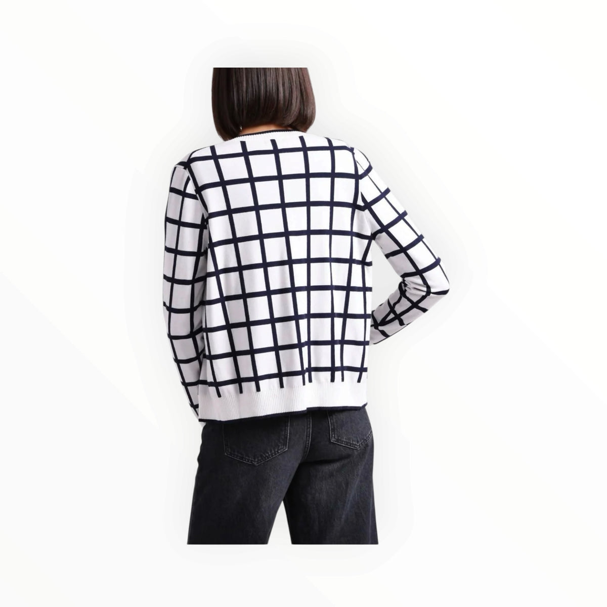 Minnie Rose Windowpane V-Neck Cardigan - White/Navy