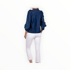 Sail to Sable Chambray Long Sleeve Ruffle Bib Blouse - Dark Blue Indigo