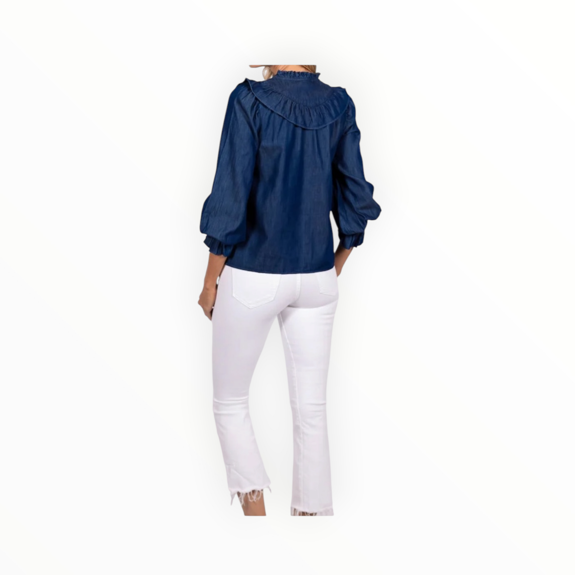 Sail to Sable Chambray Long Sleeve Ruffle Bib Blouse - Dark Blue Indigo