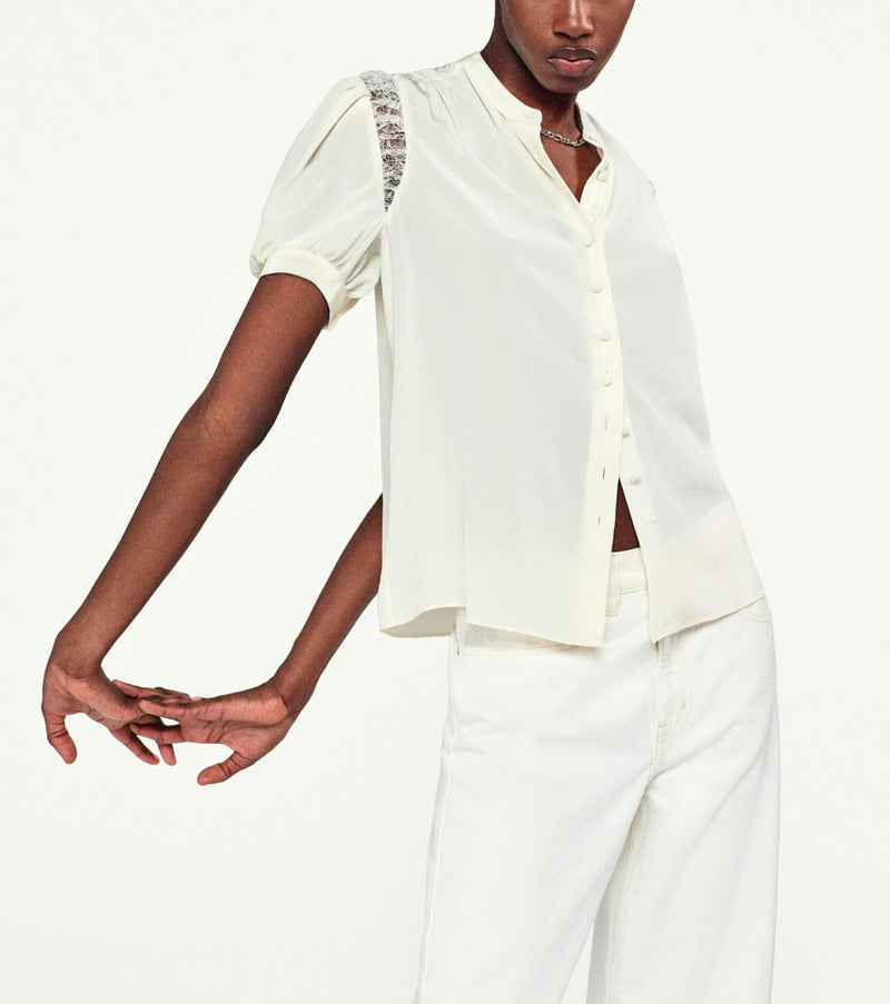 Frame Rib Lace Shoulder Inset Blouse - Cream