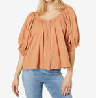 Sundry Puff Sleeve Woven Button Front Blouse - Clay