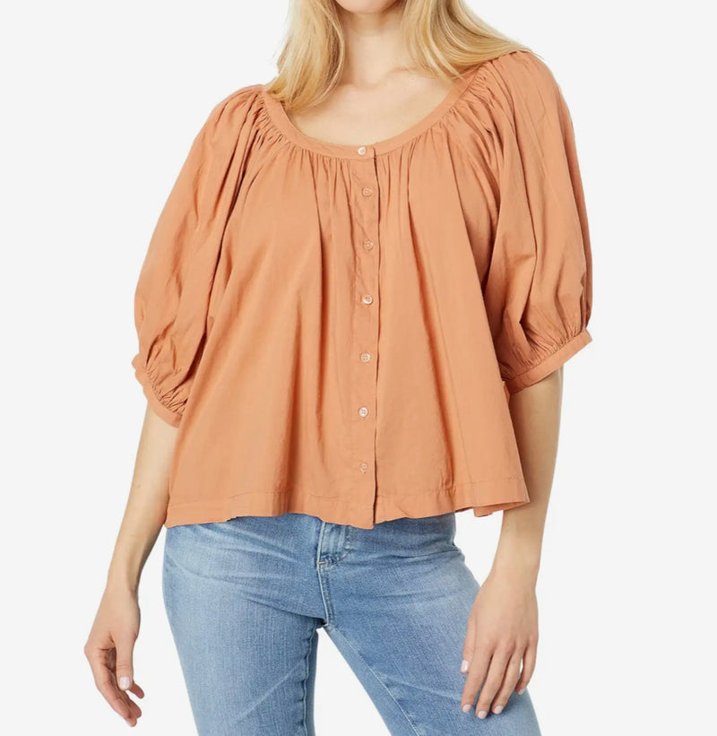 Sundry Puff Sleeve Woven Button Front Blouse - Clay